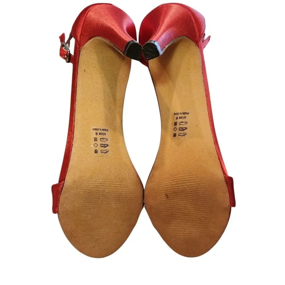 Michael Antonio Satin Ankle Strappy High Heel Open Toe Shoes Womens 6 Red Party